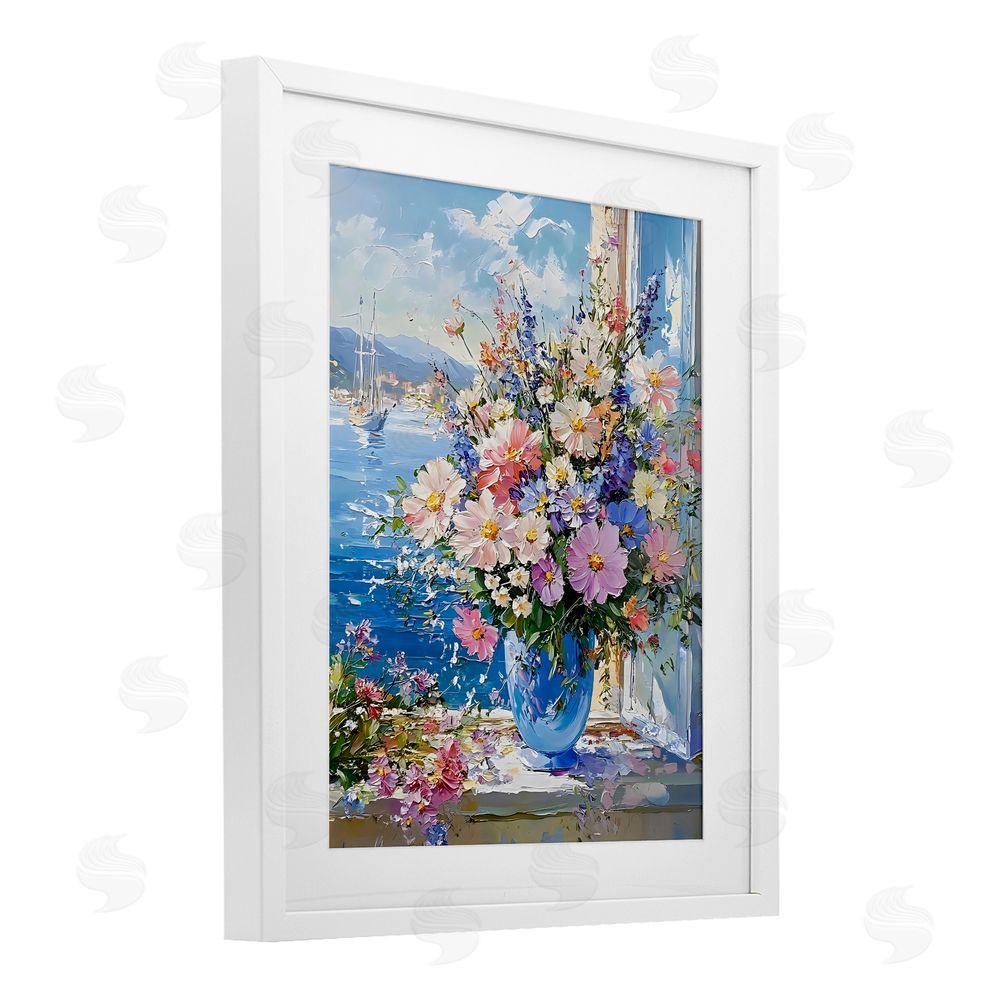 Creative Studio Beautiful Bouquet on Ledge White Framed Print Under Glass with Matting Wall Art