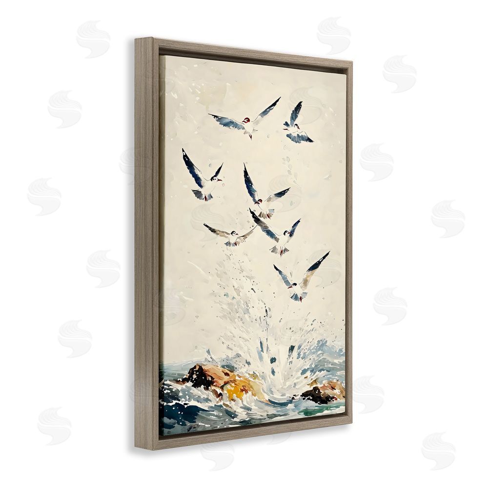 Creative Studio Waves of Seagulls over Rocks Brown Floating Framed Canvas Wall Art Print