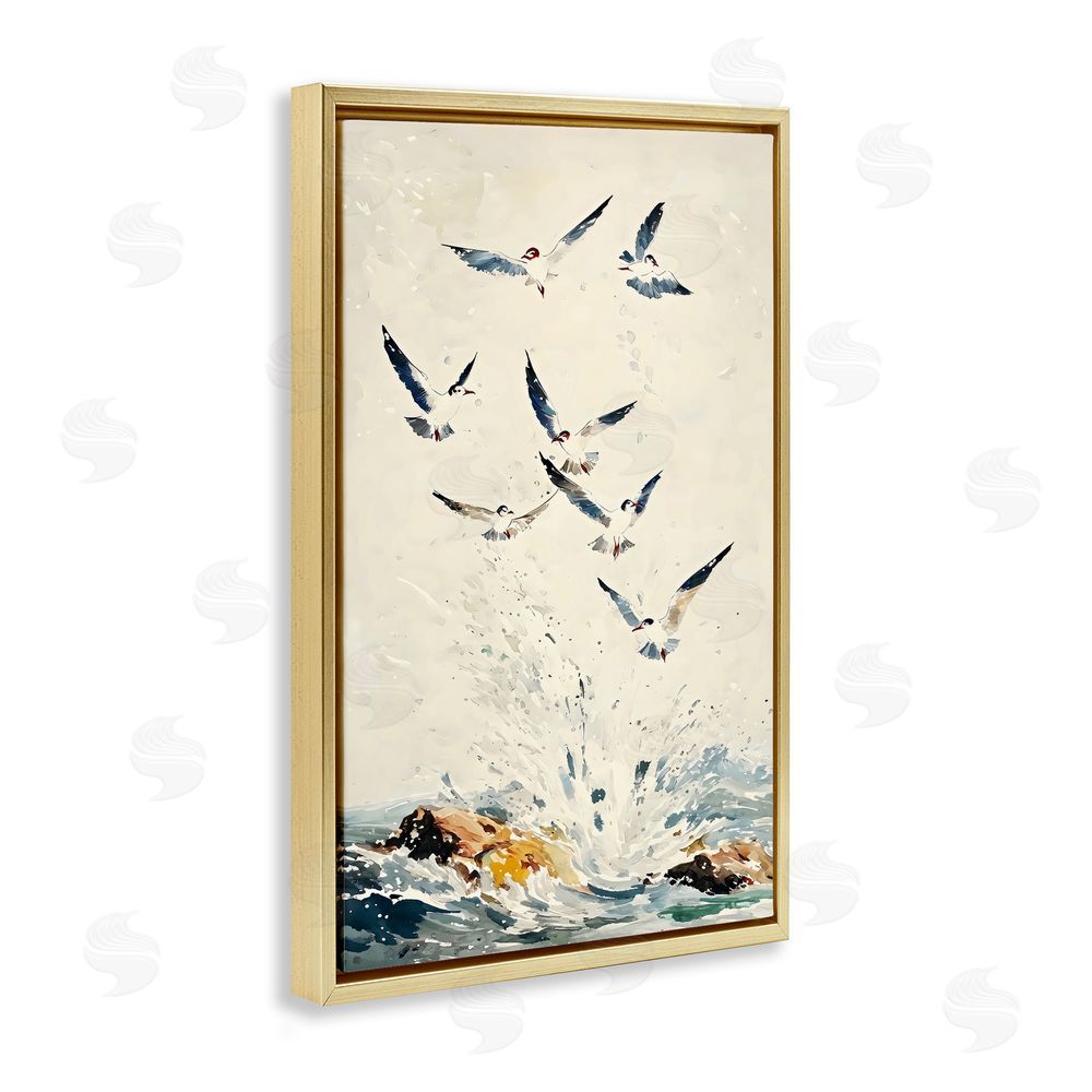 Creative Studio Waves of Seagulls over Rocks Gold Floating Framed Canvas Wall Art Print