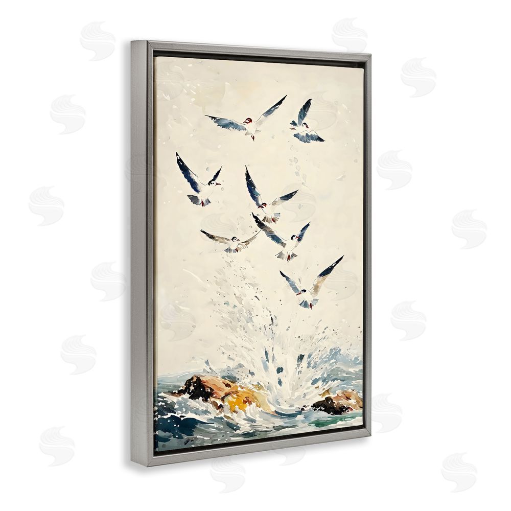 Creative Studio Waves of Seagulls over Rocks Gray Floating Framed Canvas Wall Art Print