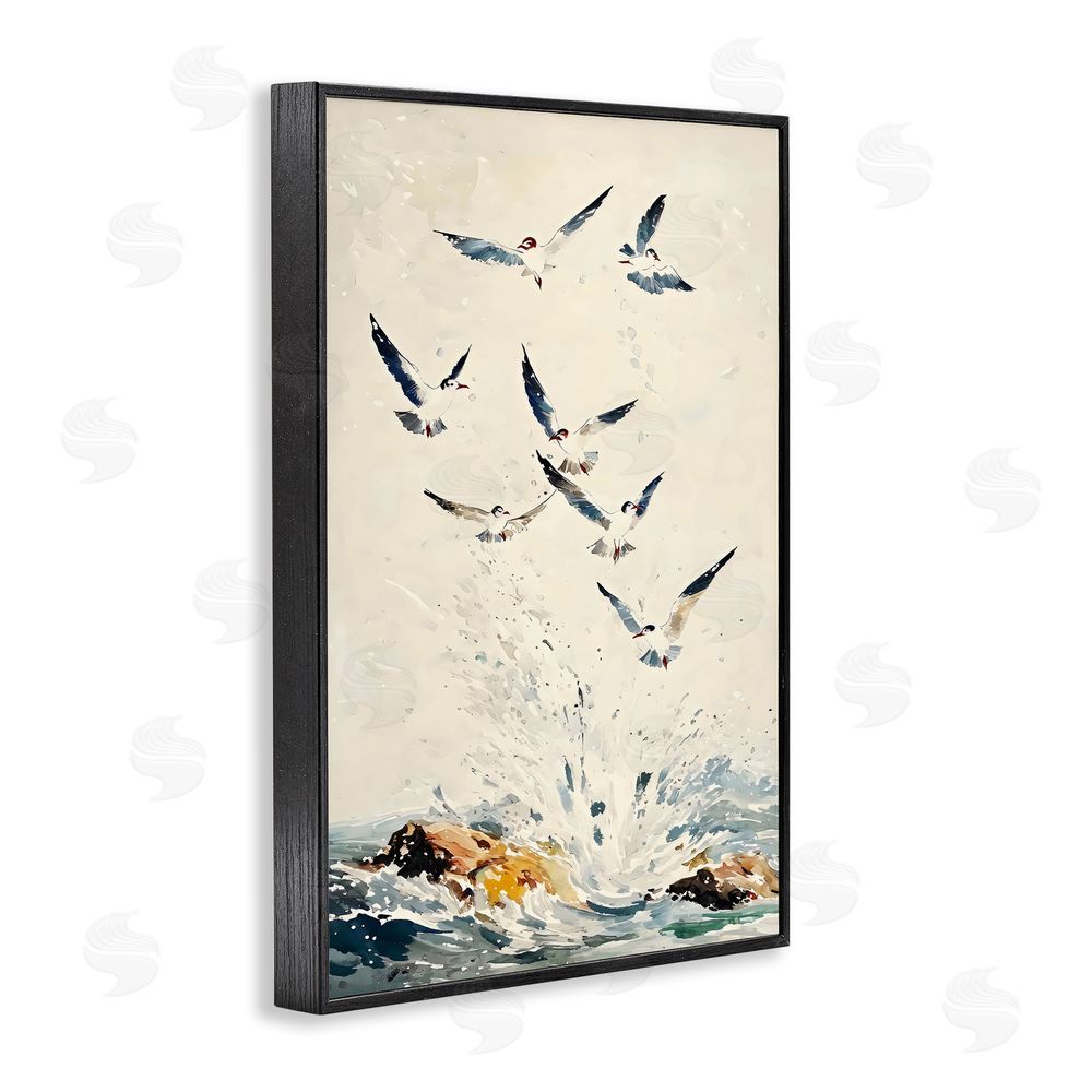Creative Studio Waves of Seagulls over Rocks Black Framed Giclee Wall Art Print