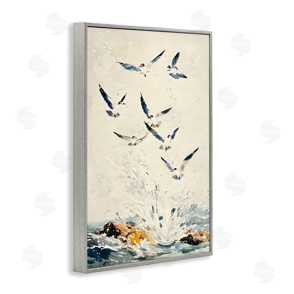 Creative Studio Waves of Seagulls over Rocks Gray Framed Giclee Wall Art Print