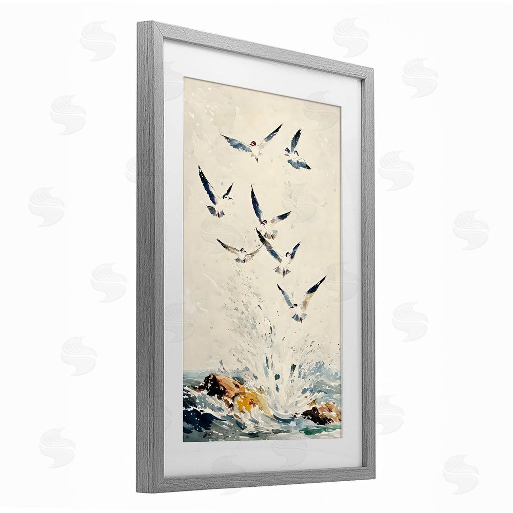Creative Studio Waves of Seagulls over Rocks Gray Framed Print Under Glass with White Mat Wall Art