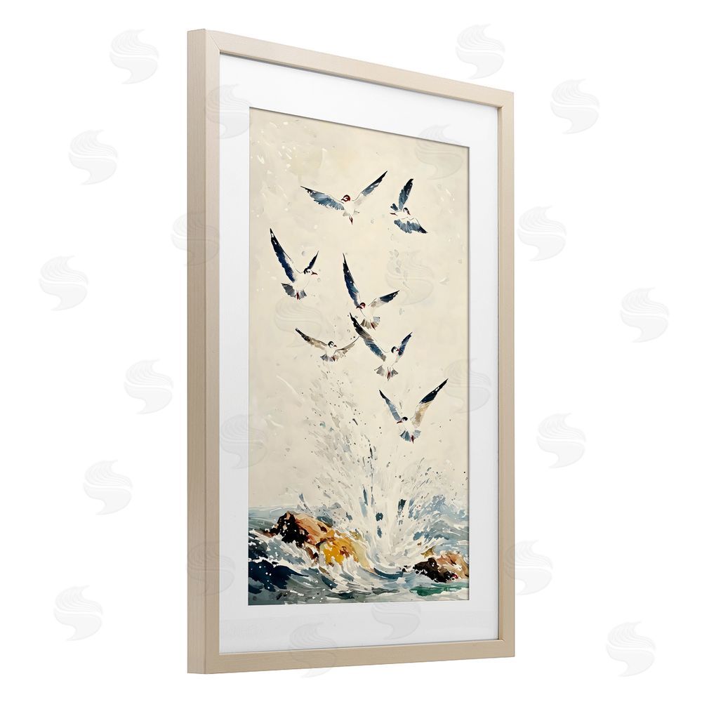 Creative Studio Waves of Seagulls over Rocks Brown Framed Print Under Glass with White Mat Wall Art