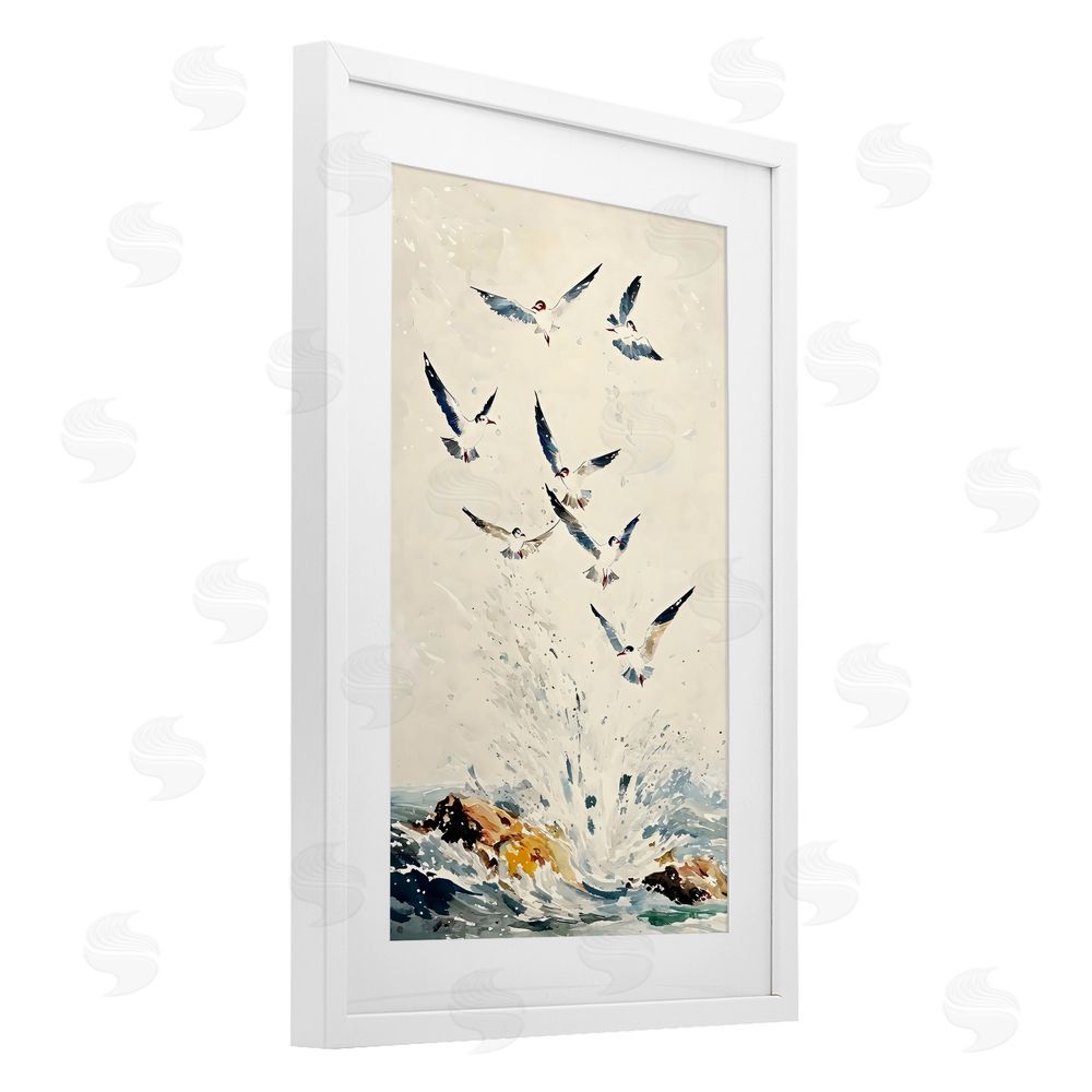 Creative Studio Waves of Seagulls over Rocks White Framed Print Under Glass with White Mat Wall Art