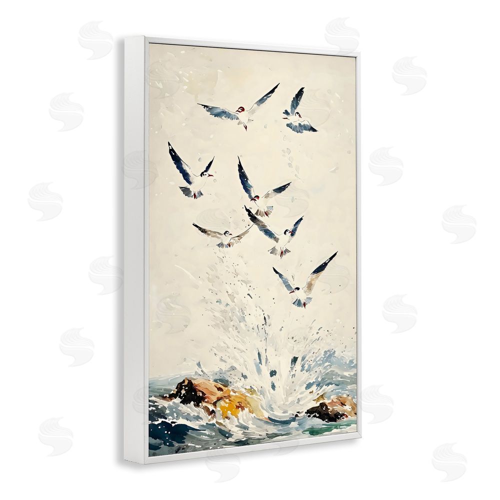 Creative Studio Waves of Seagulls over Rocks White Framed Giclee Wall Art Print