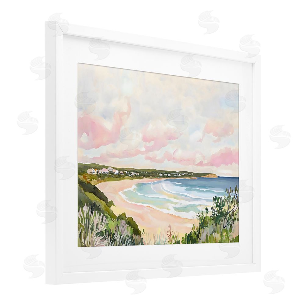 The Prints Vibe Serene Sunset Beach Panorama White Framed Print Under Glass with White Mat Wall Art