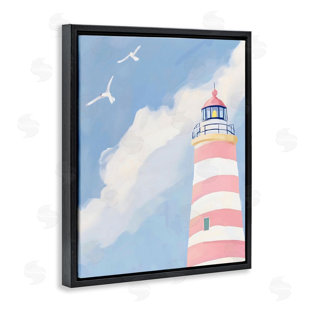 The Prints Vibe Striped Lighthouse with Seagulls Black Floating Framed Canvas Wall Art Print