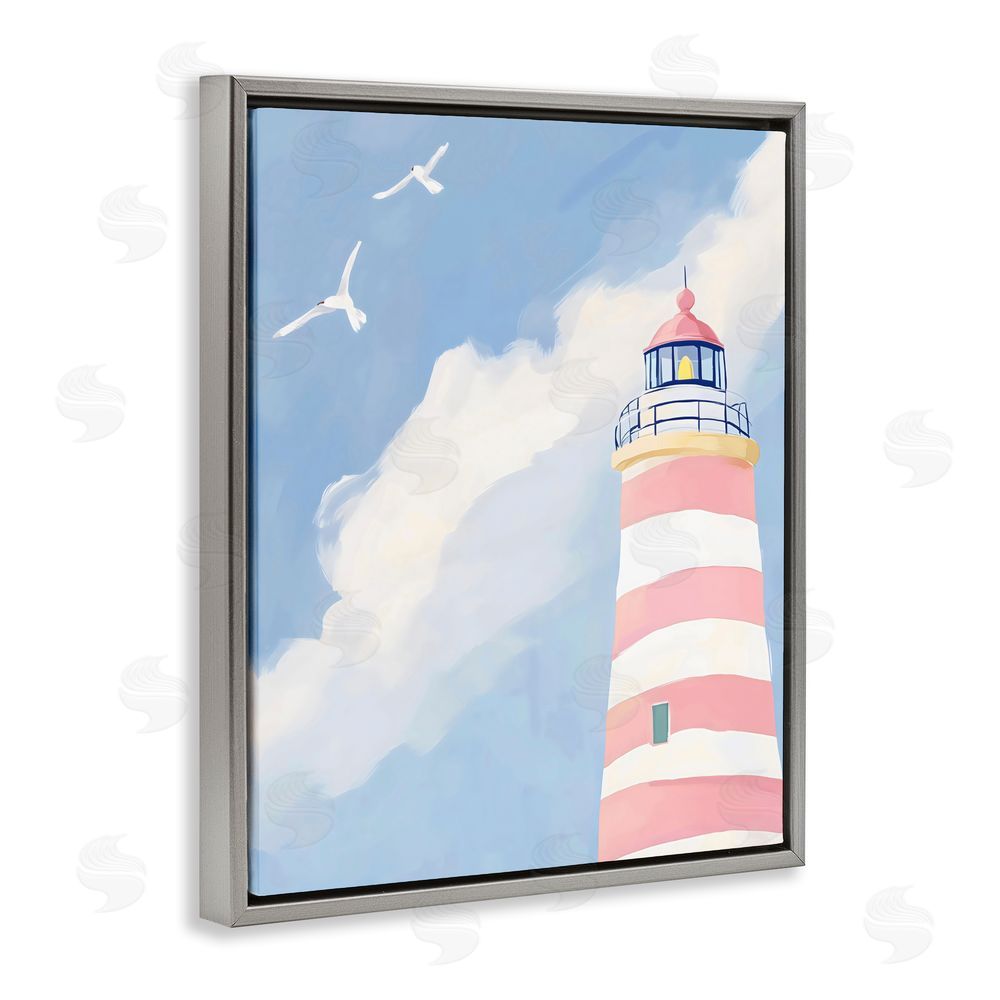 The Prints Vibe Striped Lighthouse with Seagulls Gray Floating Framed Canvas Wall Art Print