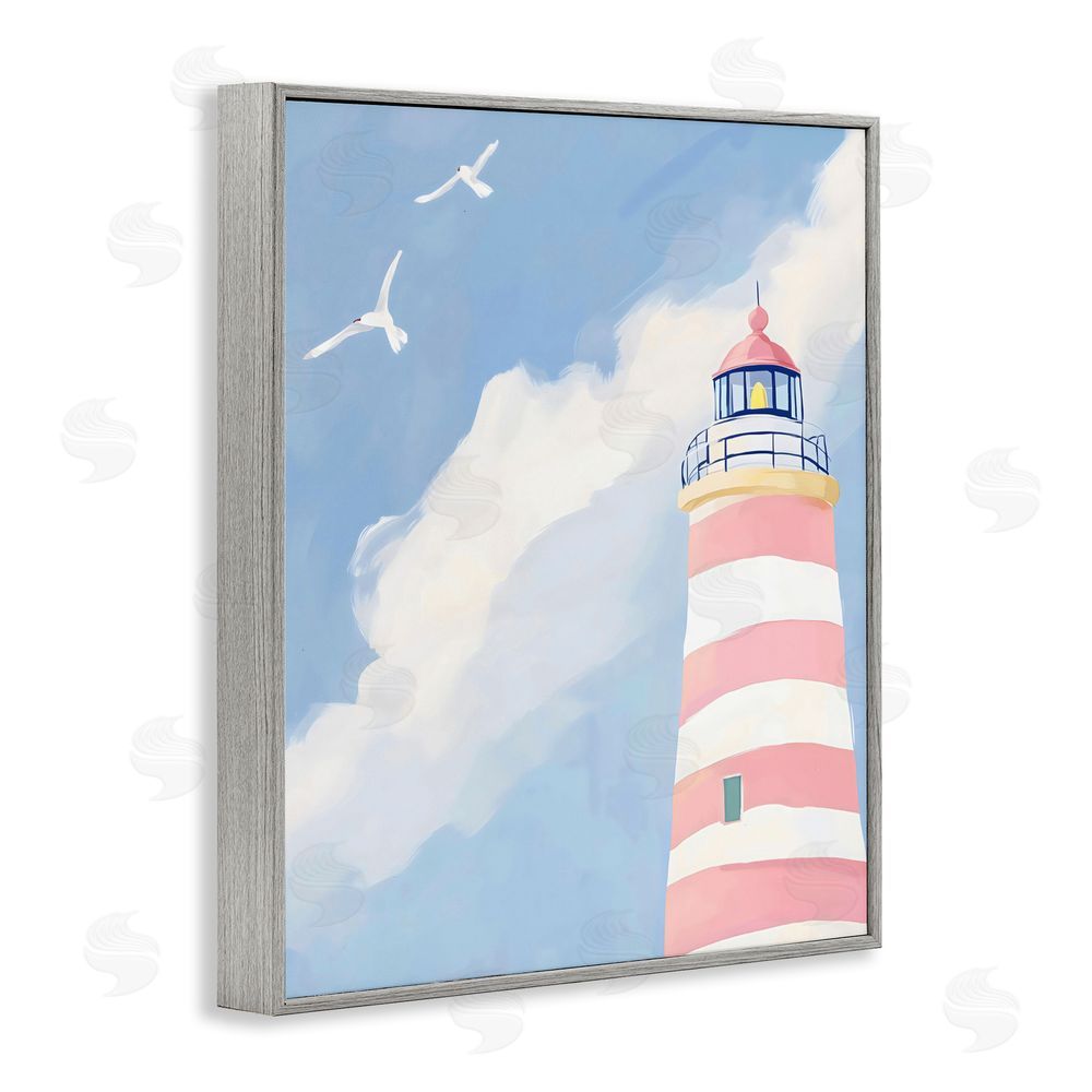 The Prints Vibe Striped Lighthouse with Seagulls Gray Framed Giclee Wall Art Print