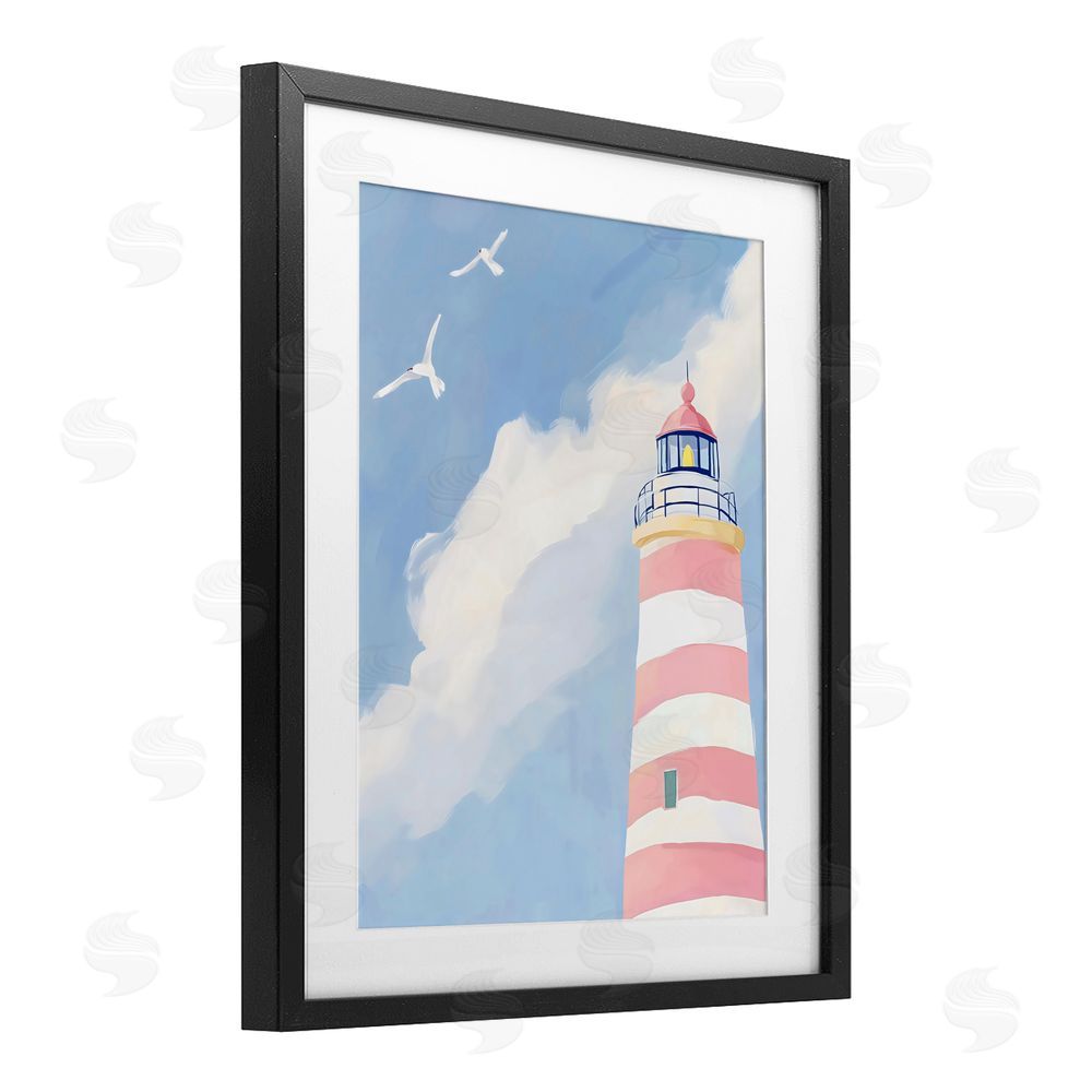 The Prints Vibe Striped Lighthouse with Seagulls Black Framed Print Under Glass with White Mat Wall Art