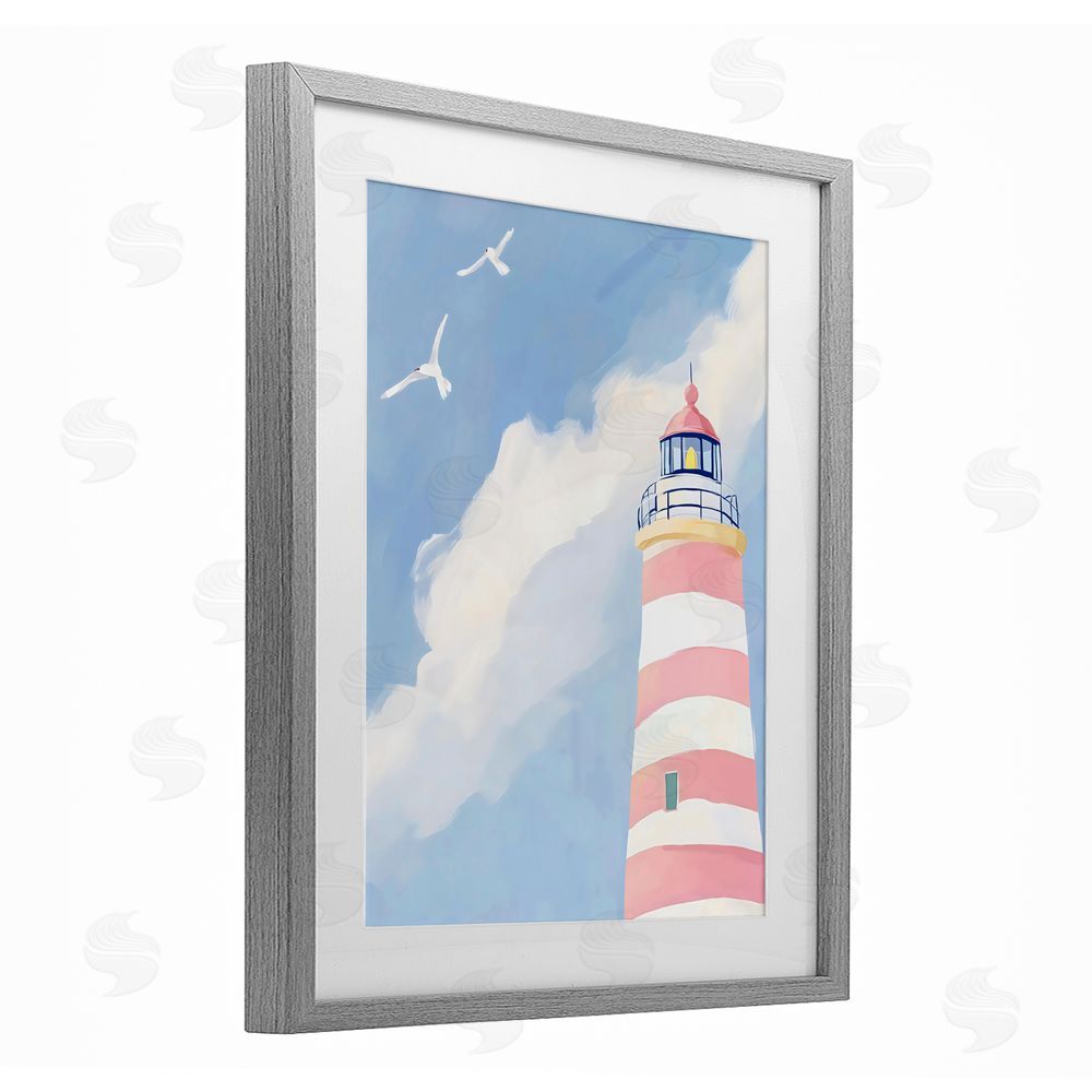 The Prints Vibe Striped Lighthouse with Seagulls Gray Framed Print Under Glass with White Mat Wall Art