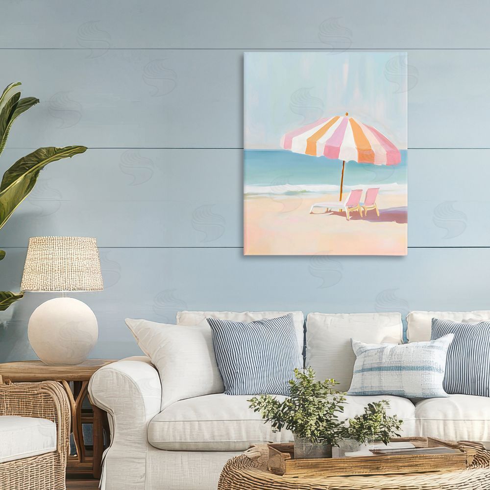 The Prints Vibe Striped Umbrella & Chairs Stretched Canvas on Wall