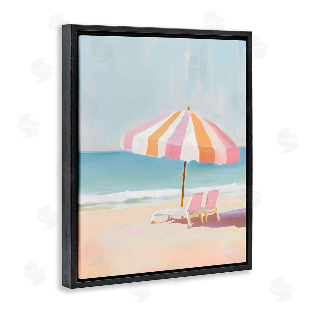 The Prints Vibe Striped Umbrella & Chairs Black Floating Framed Canvas Wall Art Print