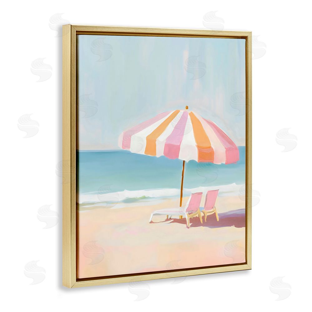 The Prints Vibe Striped Umbrella & Chairs Gold Floating Framed Canvas Wall Art Print