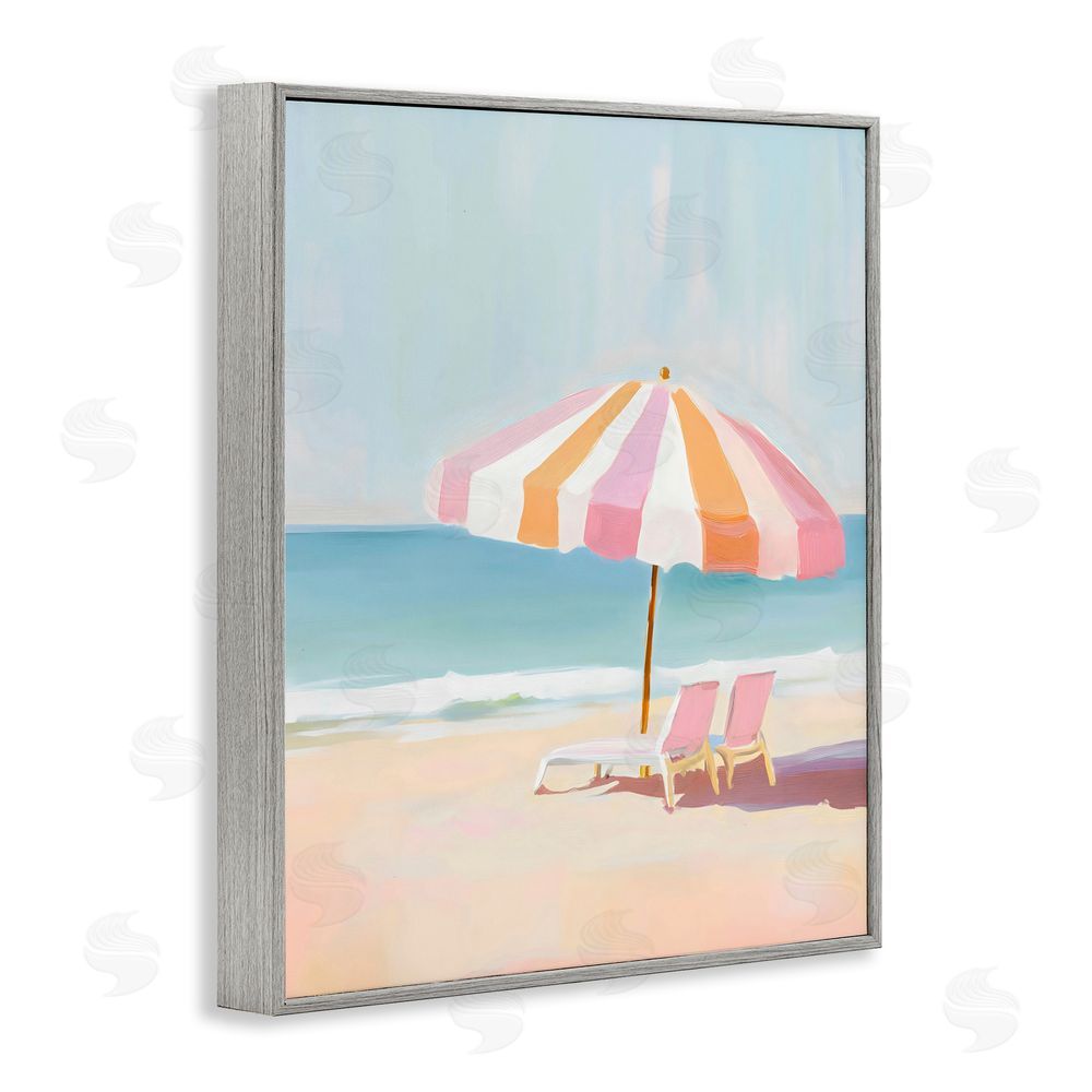The Prints Vibe Striped Umbrella & Chairs Gray Framed Giclee Wall Art Print