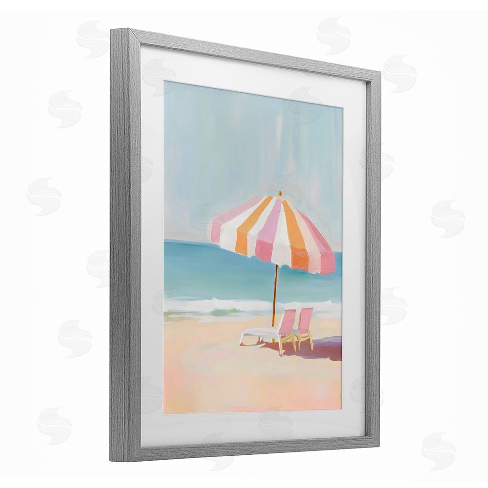 The Prints Vibe Striped Umbrella & Chairs Gray Framed Print Under Glass with White Mat Wall Art