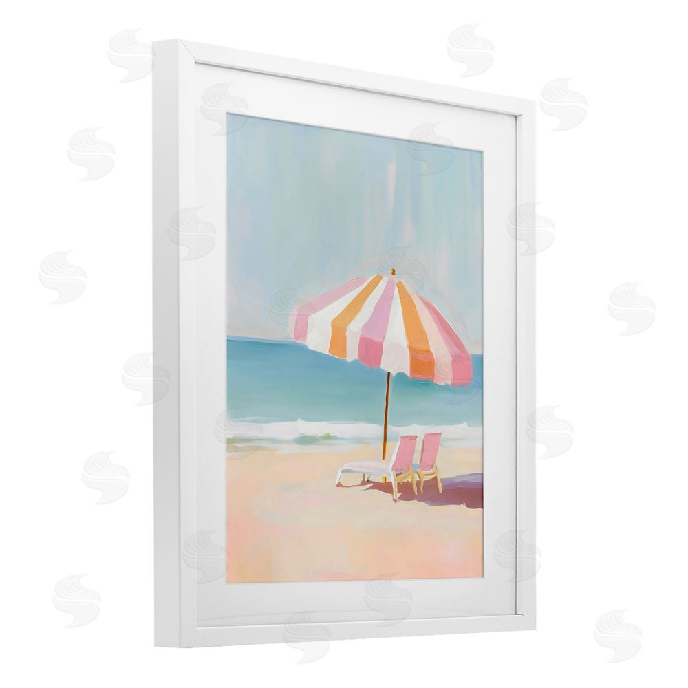 The Prints Vibe Striped Umbrella & Chairs White Framed Print Under Glass with White Mat Wall Art