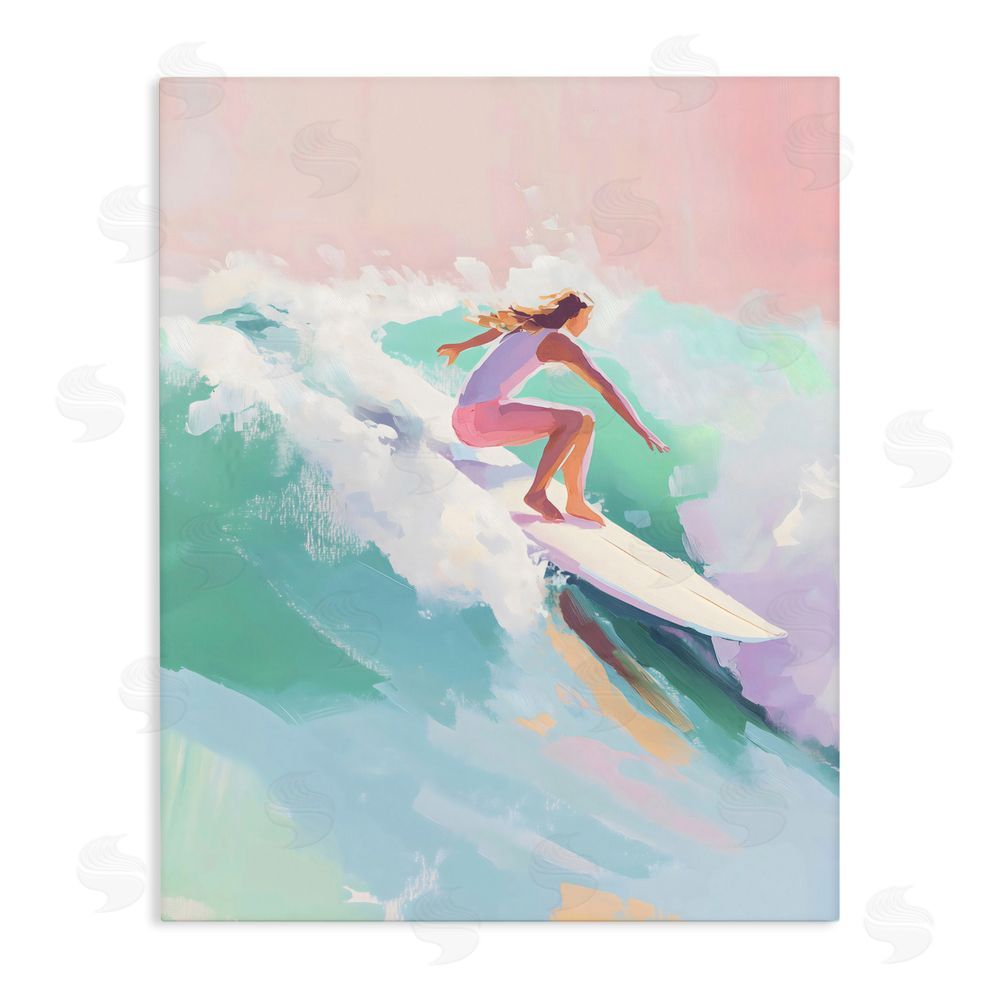 The Prints Vibe Surfer Girl Riding Waves Stretched Canvas Wall Art Print
