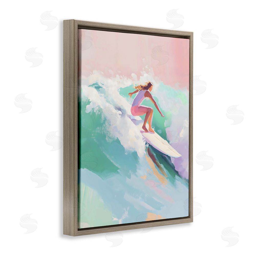 The Prints Vibe Surfer Girl Riding Waves Brown Floating Framed Canvas Wall Art Print