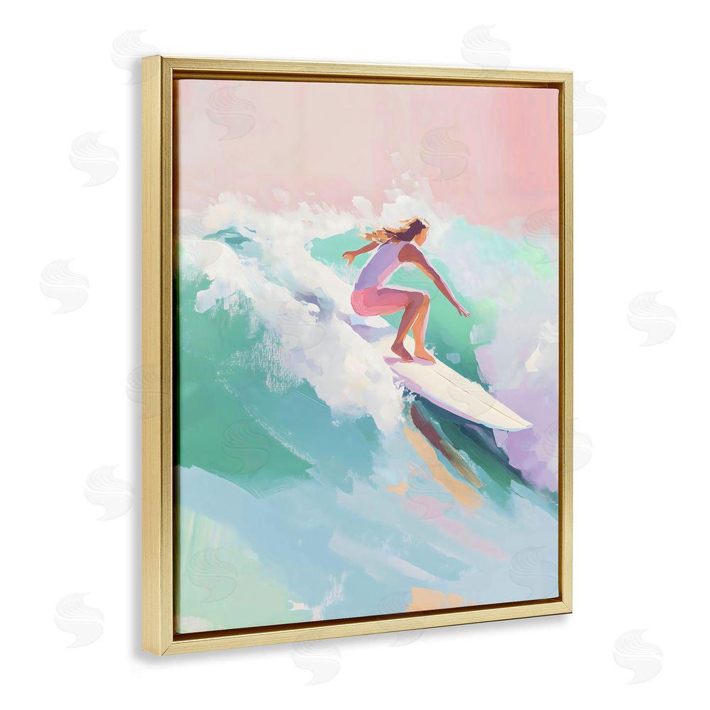 The Prints Vibe Surfer Girl Riding Waves Gold Floating Framed Canvas Wall Art Print