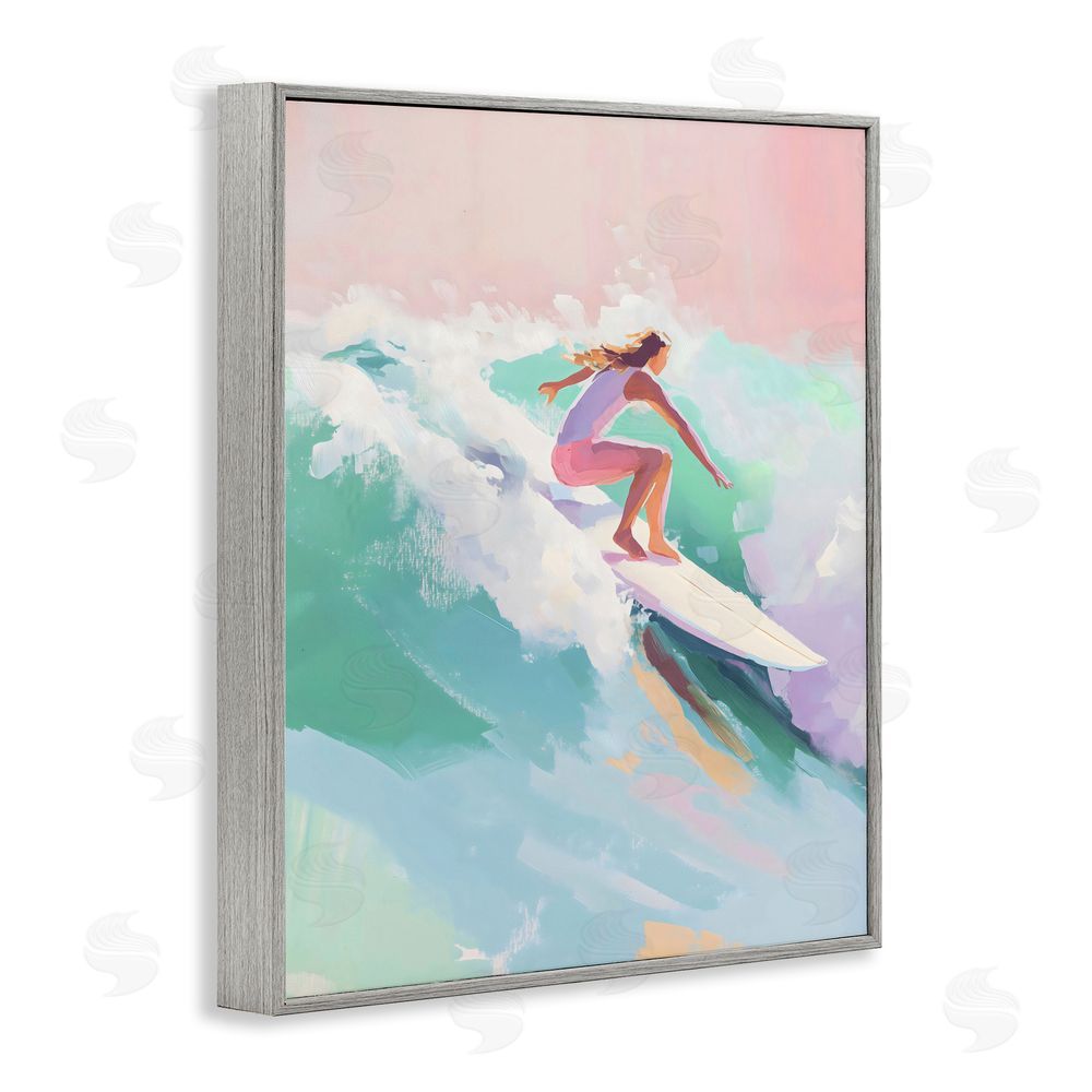 The Prints Vibe Surfer Girl Riding Waves Gray Framed Giclee Wall Art Print
