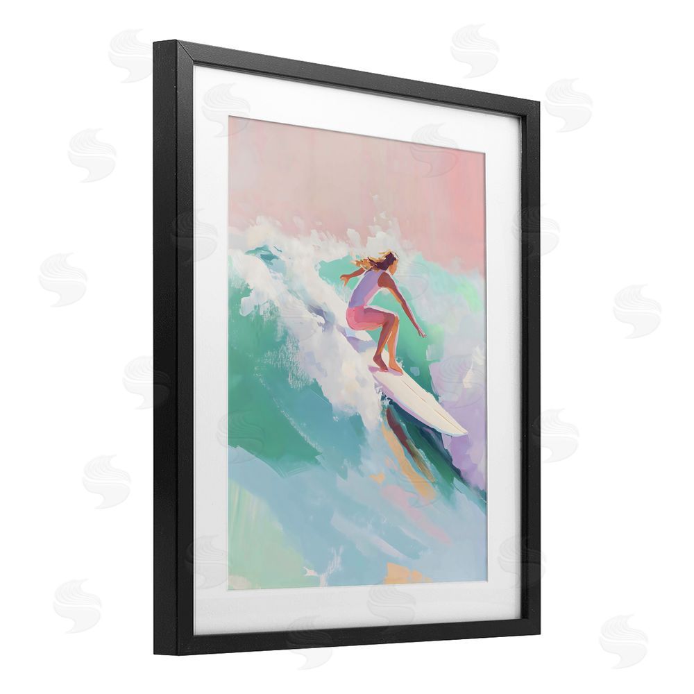 The Prints Vibe Surfer Girl Riding Waves Black Framed Print Under Glass with White Mat Wall Art
