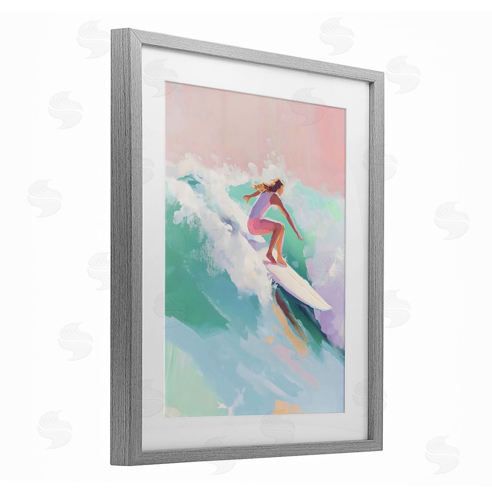 The Prints Vibe Surfer Girl Riding Waves Gray Framed Print Under Glass with White Mat Wall Art