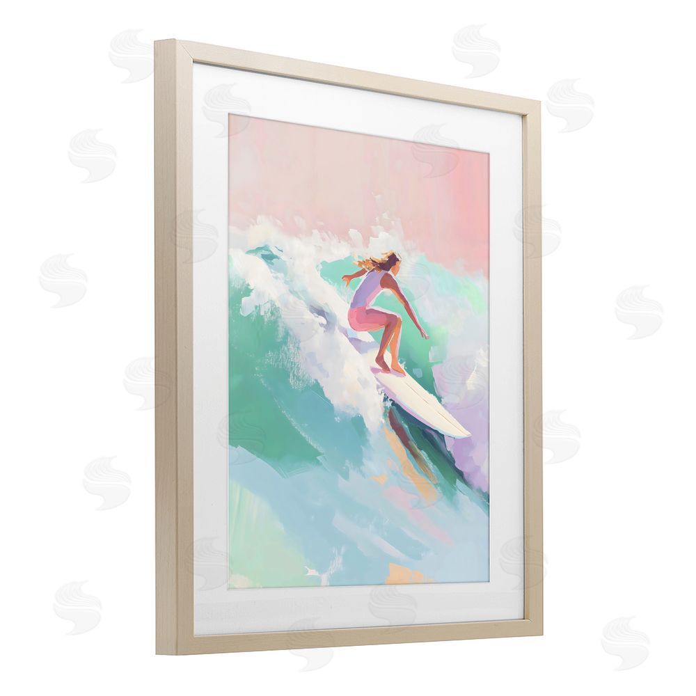 The Prints Vibe Surfer Girl Riding Waves Brown Framed Print Under Glass with White Mat Wall Art