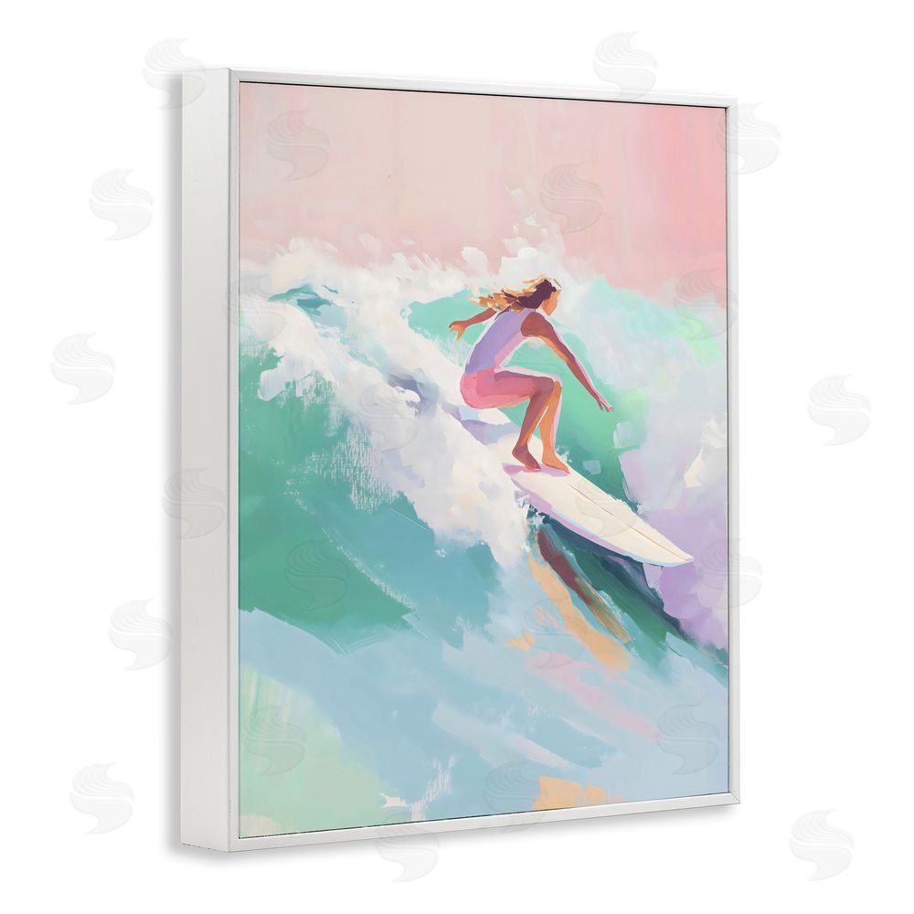 The Prints Vibe Surfer Girl Riding Waves White Framed Giclee Wall Art Print