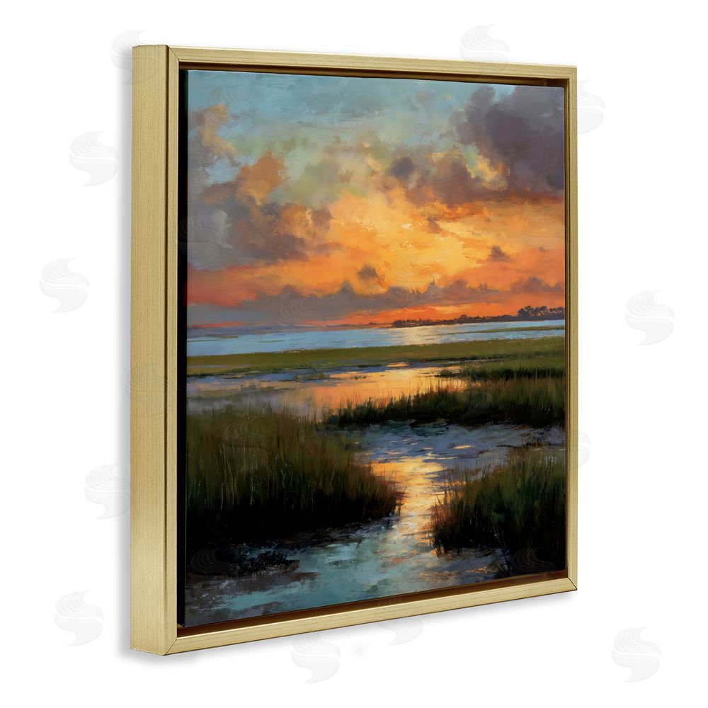 Petal Prints Design Evening Marshland Glow Gold Floating Framed Canvas Wall Art