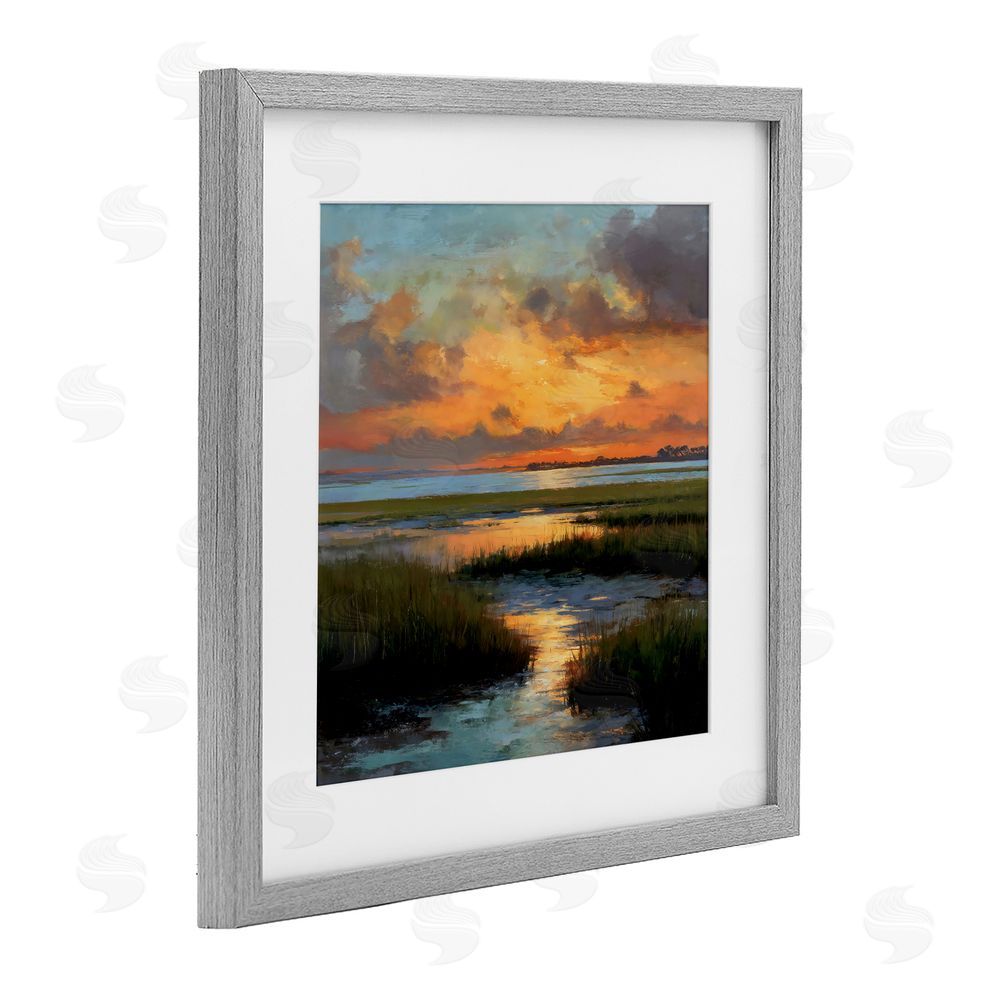 Petal Prints Design Evening Marshland Glow Gray Framed Print Under Glass Wall Art