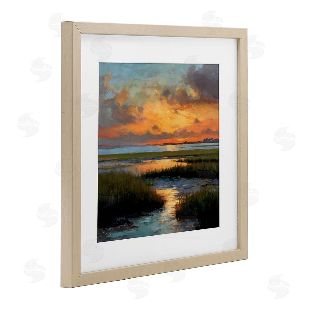 Petal Prints Design Evening Marshland Glow Brown Framed Print Under Glass Wall Art