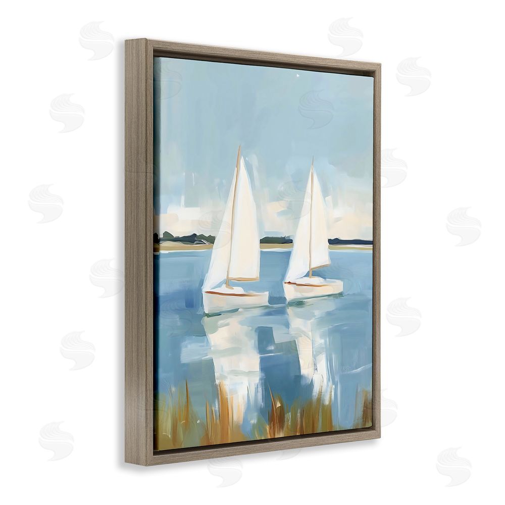 The Prints Vibe Twin Sailboats By Shore Brown Floating Framed Canvas Wall Art Print