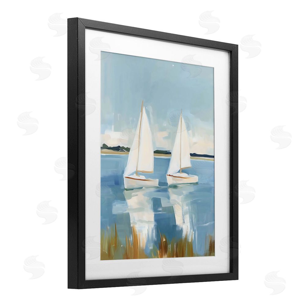 The Prints Vibe Twin Sailboats By Shore Black Framed Print Under Glass with White Mat Wall Art