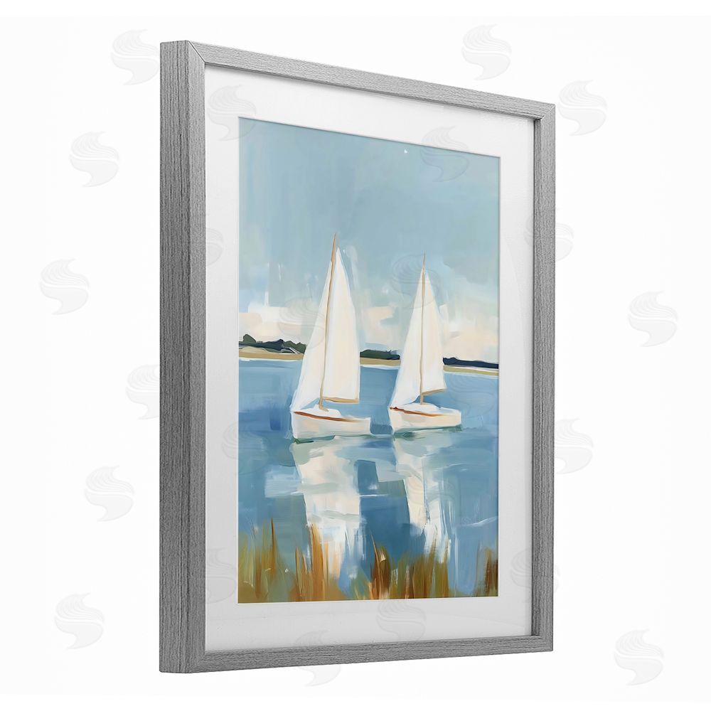 The Prints Vibe Twin Sailboats By Shore Gray Framed Print Under Glass with White Mat Wall Art