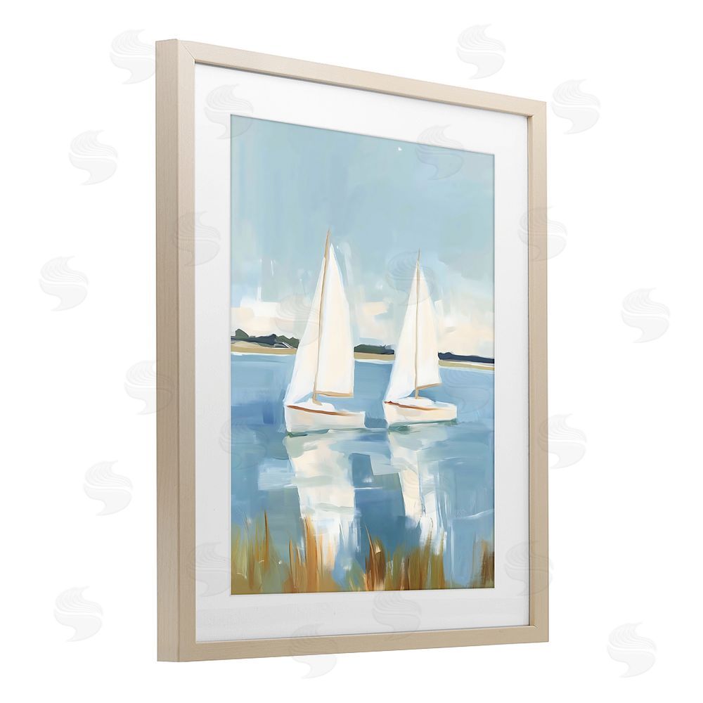 The Prints Vibe Twin Sailboats By Shore Brown Framed Print Under Glass with White Mat Wall Art