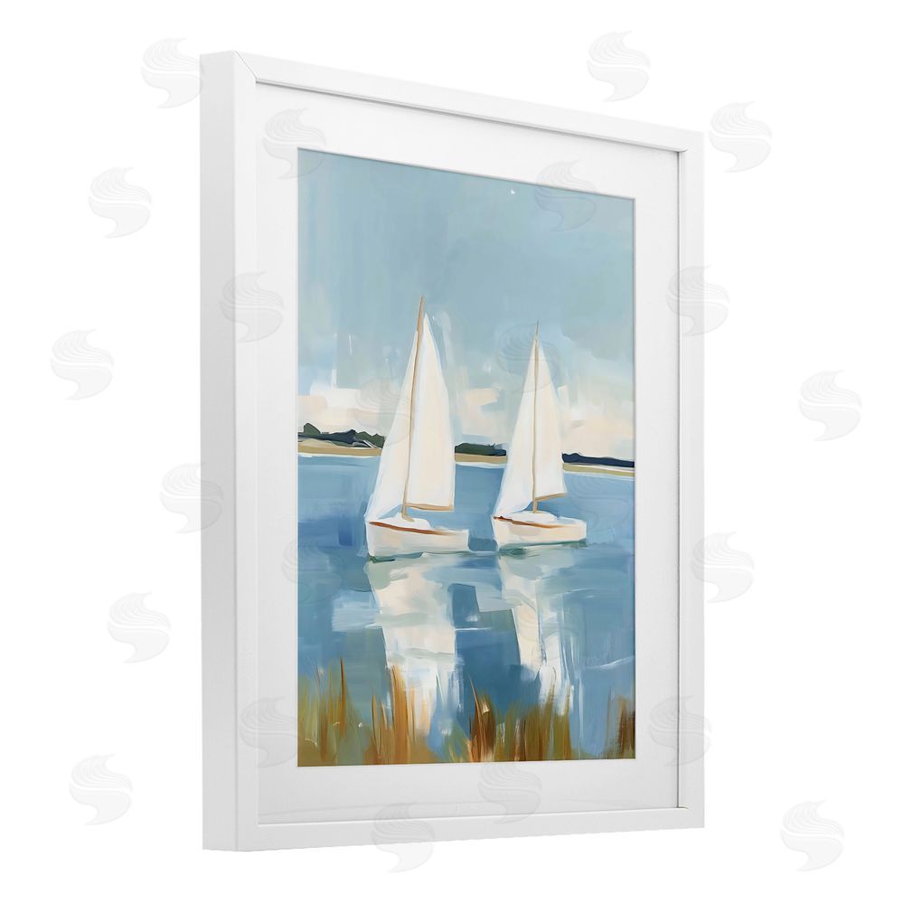 The Prints Vibe Twin Sailboats By Shore White Framed Print Under Glass with White Mat Wall Art