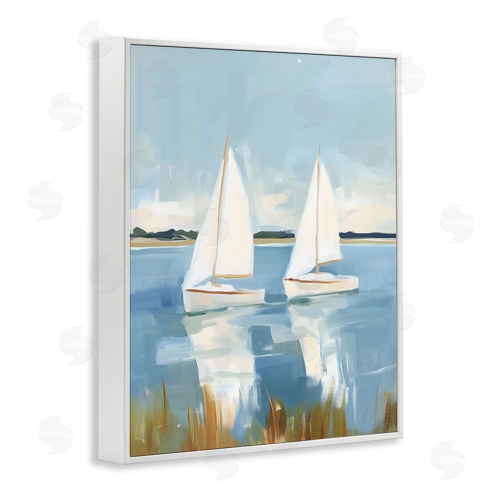 The Prints Vibe Twin Sailboats By Shore White Framed Giclee Wall Art Print