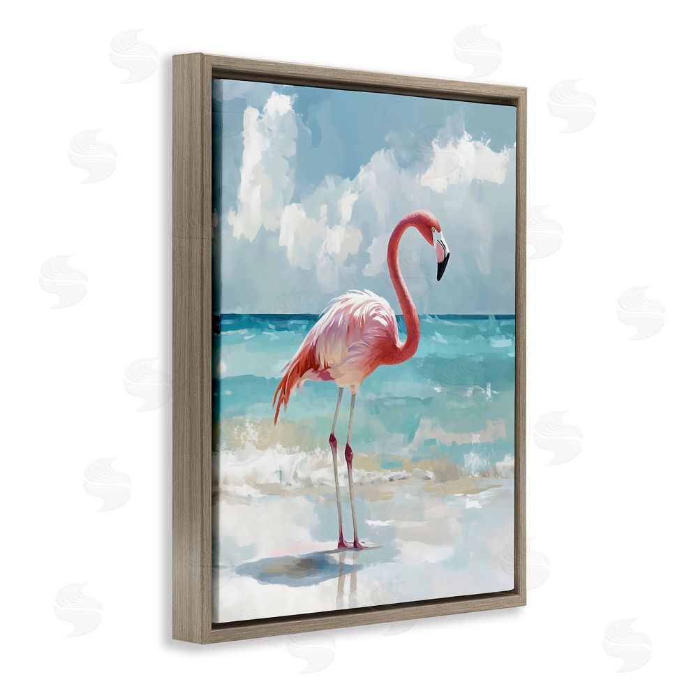 The Prints Vibe Flamingo At Shore Brown Floating Framed Canvas Wall Art