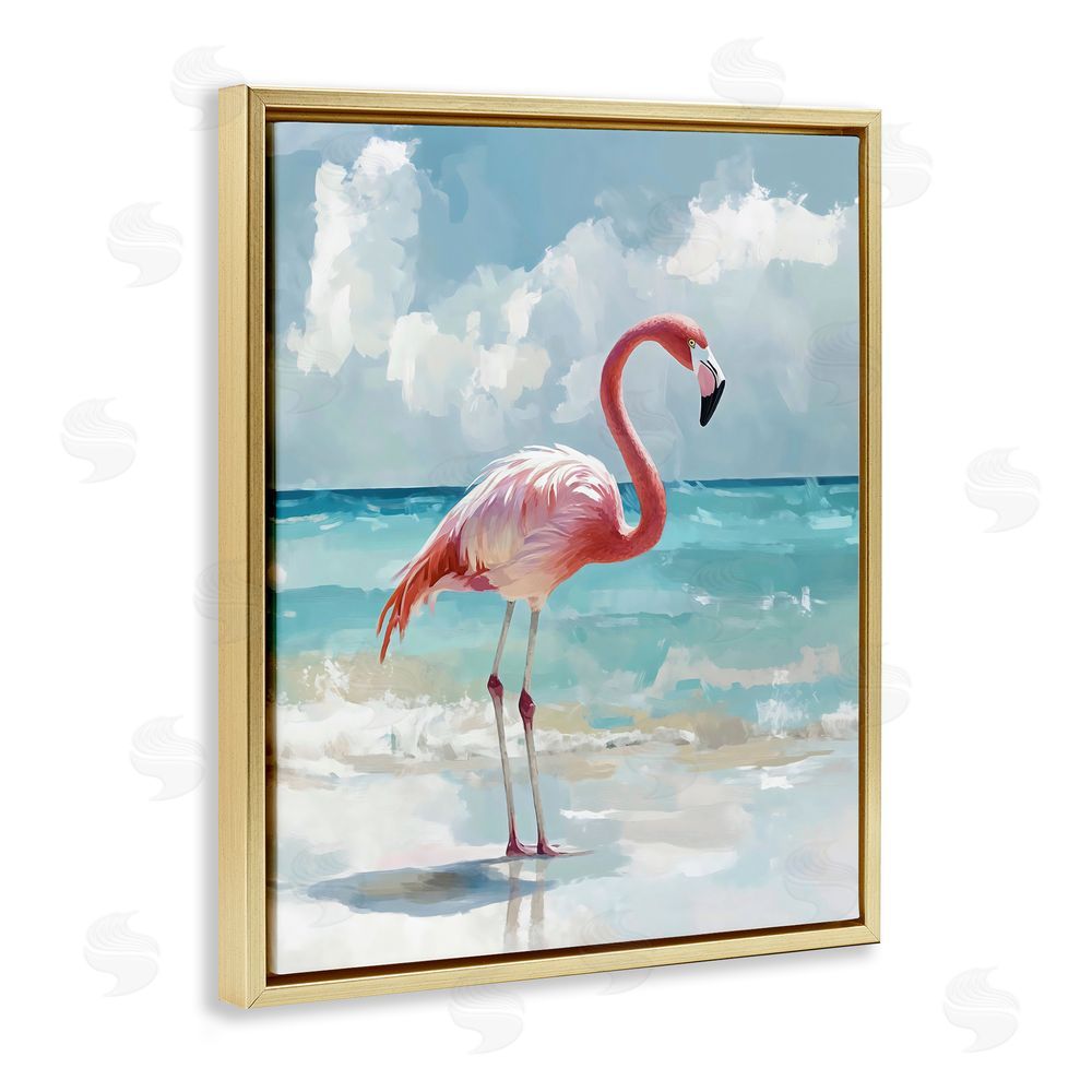 The Prints Vibe Flamingo At Shore Gold Floating Framed Canvas Wall Art