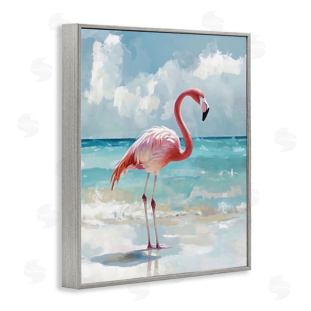 The Prints Vibe Flamingo At Shore Gray Framed Giclee Wall Art