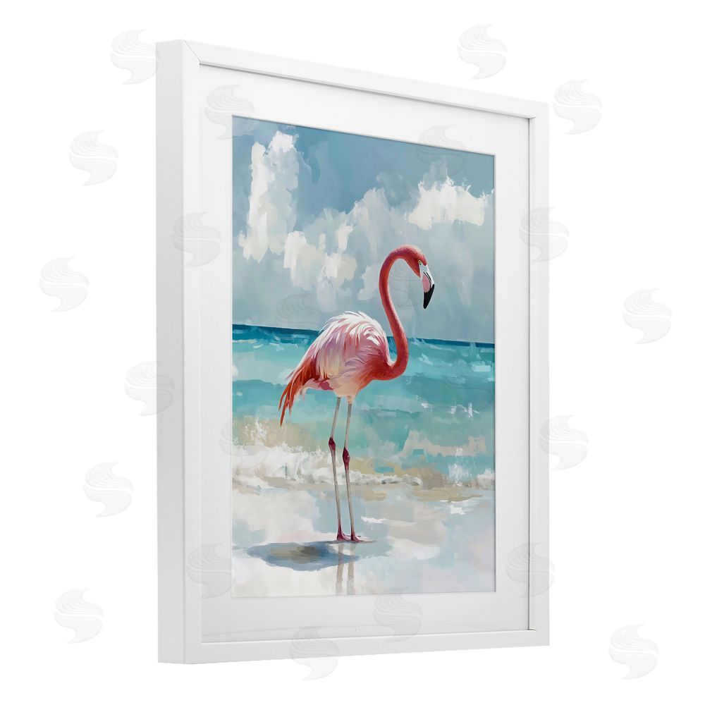 The Prints Vibe Flamingo At Shore White Framed Print Under Glass Wall Art