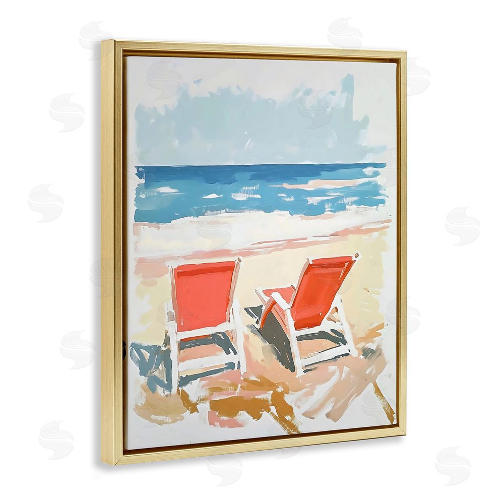 The Prints Vibe Two Sunlit Beach Chairs Gold Floating Framed Canvas Wall Art Print