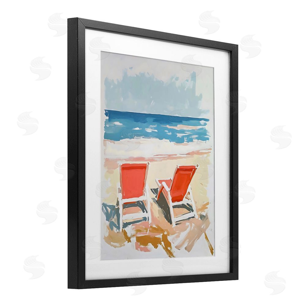 The Prints Vibe Two Sunlit Beach Chairs Black Framed Print Under Glass with White Mat Wall Art