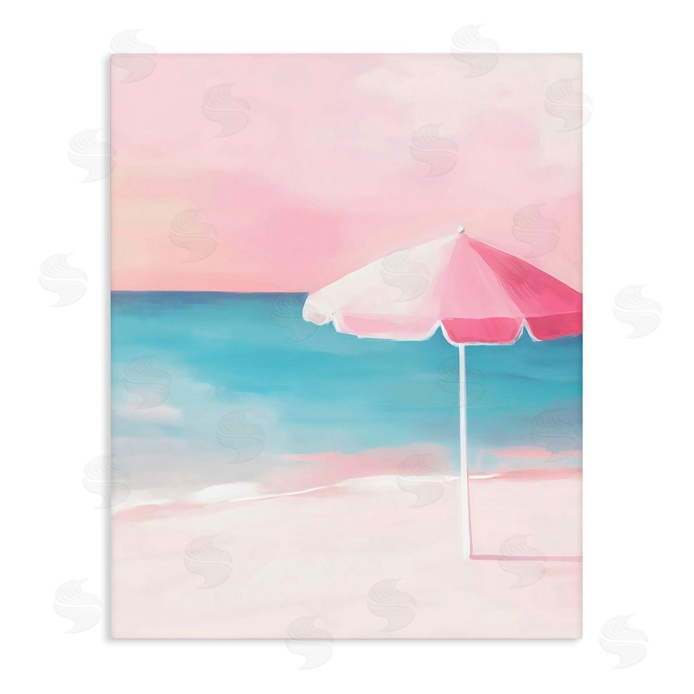 The Prints Vibe Serene Pink Beach Umbrella Stretched Canvas Wall Art Print