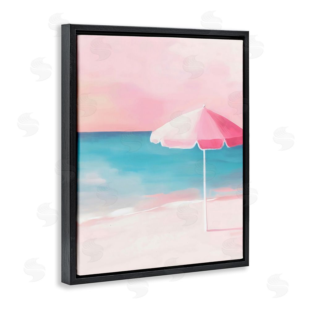 The Prints Vibe Serene Pink Beach Umbrella Black Floating Framed Canvas Wall Art Print