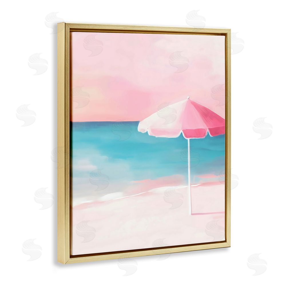 The Prints Vibe Serene Pink Beach Umbrella Gold Floating Framed Canvas Wall Art Print