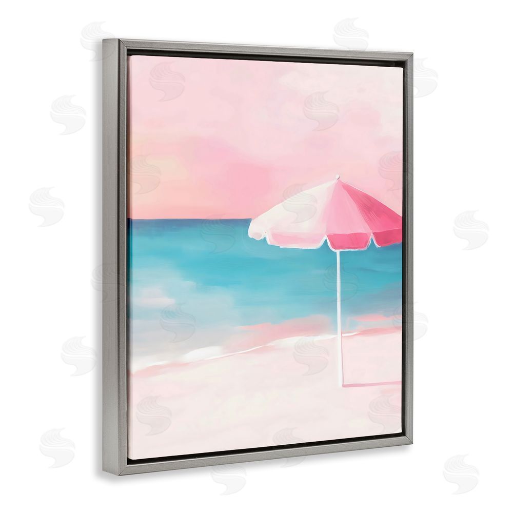 The Prints Vibe Serene Pink Beach Umbrella Gray Floating Framed Canvas Wall Art Print