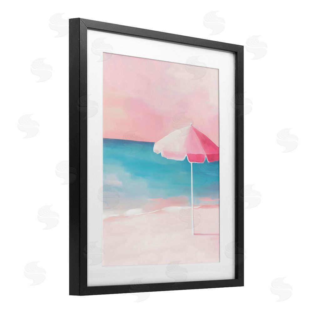 The Prints Vibe Serene Pink Beach Umbrella Black Framed Print Under Glass with White Mat Wall Art